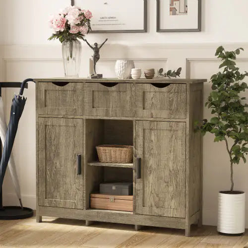 Gray Wooden Storage Cabinet with Drawers and Shelves