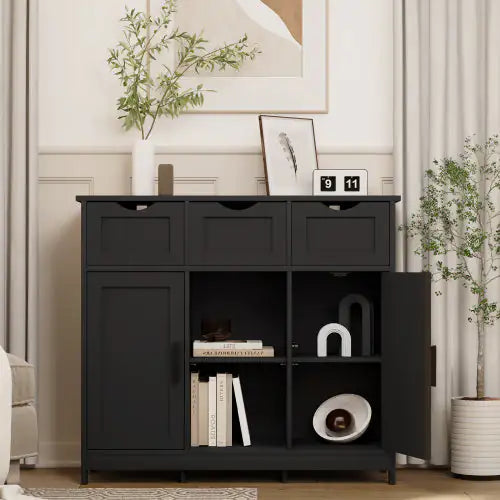 Black Wooden Storage Cabinet with Drawers and Shelves