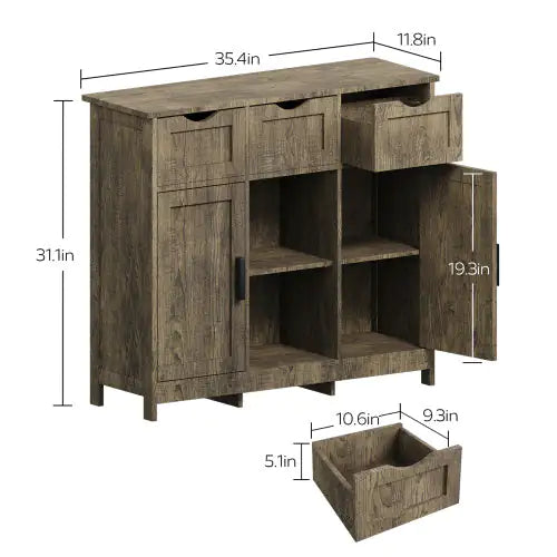 Gray Wooden Storage Cabinet with Drawers and Shelves