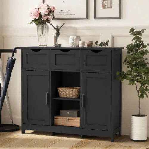 Black Wooden Storage Cabinet with Drawers and Shelves