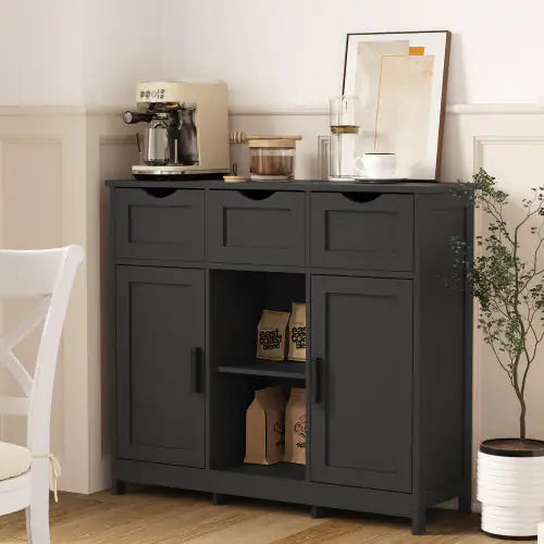 Black Wooden Storage Cabinet with Drawers and Shelves
