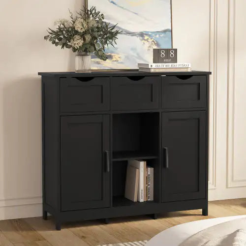 Black Wooden Storage Cabinet with Drawers and Shelves