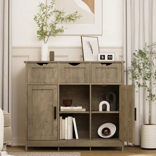 Gray Wooden Storage Cabinet with Drawers and Shelves